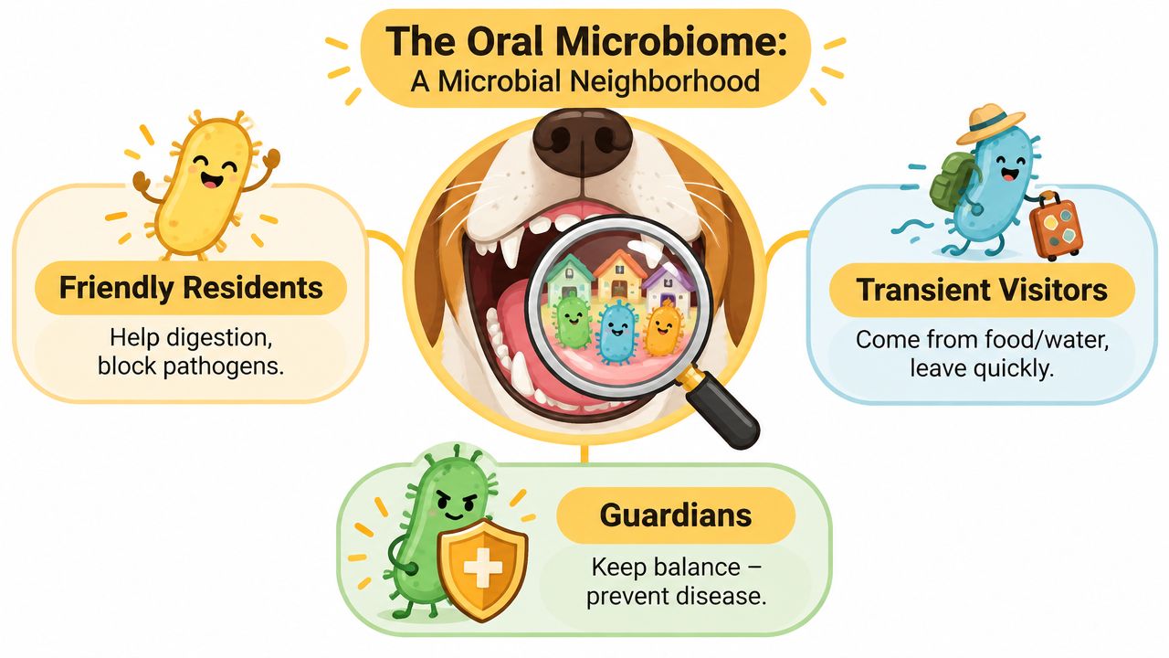 An educational infographic illustrating the oral microbiome of a dog, featuring friendly residents, transient visitors, and guardians.