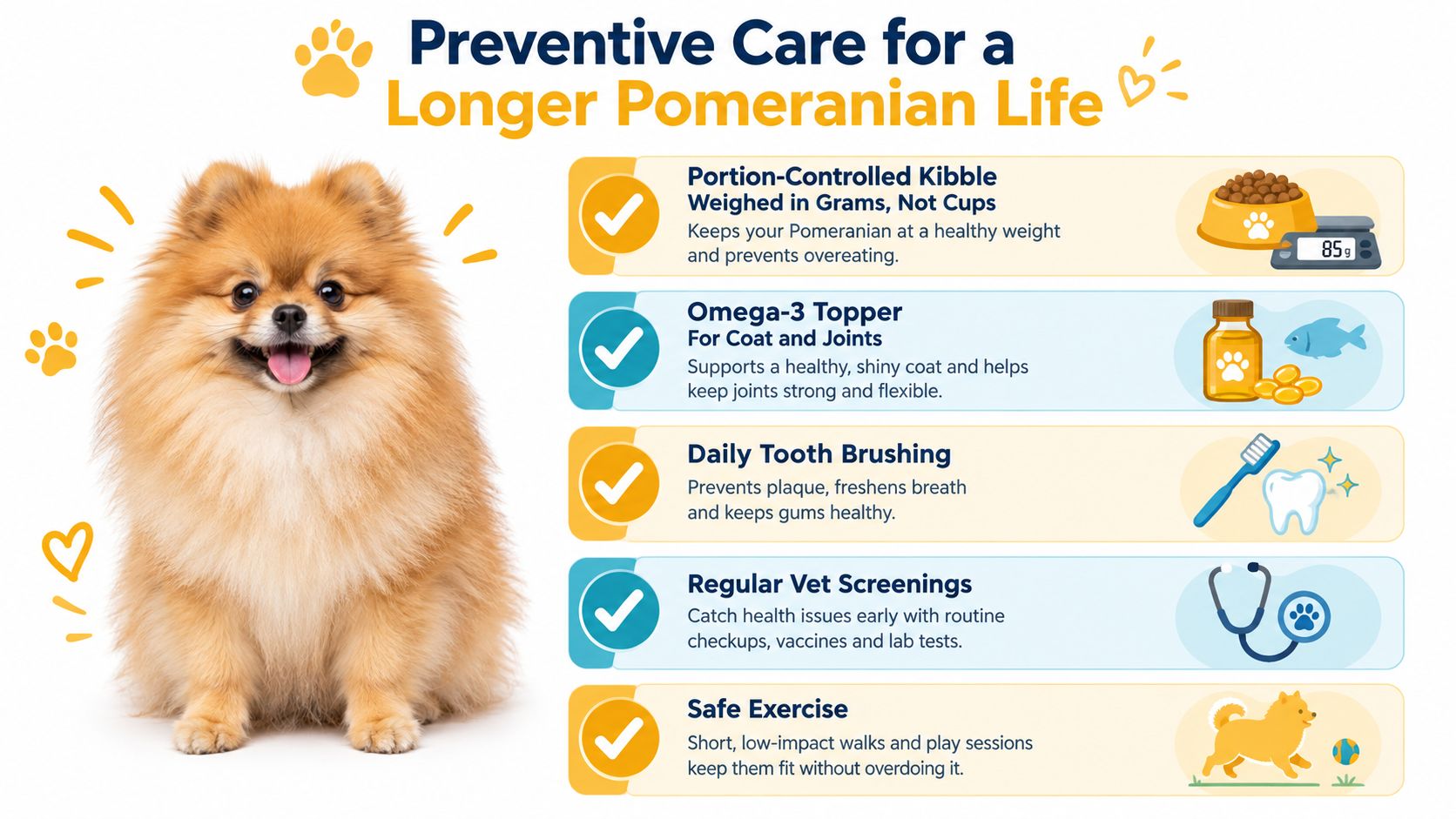 A happy Pomeranian dog beside a list of five preventive health care tips for a longer life.