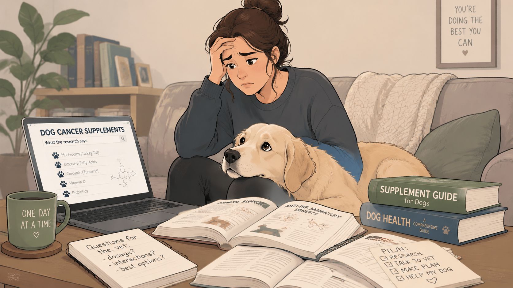A concerned woman sits on a couch researching dog cancer supplements online with her golden retriever dog.