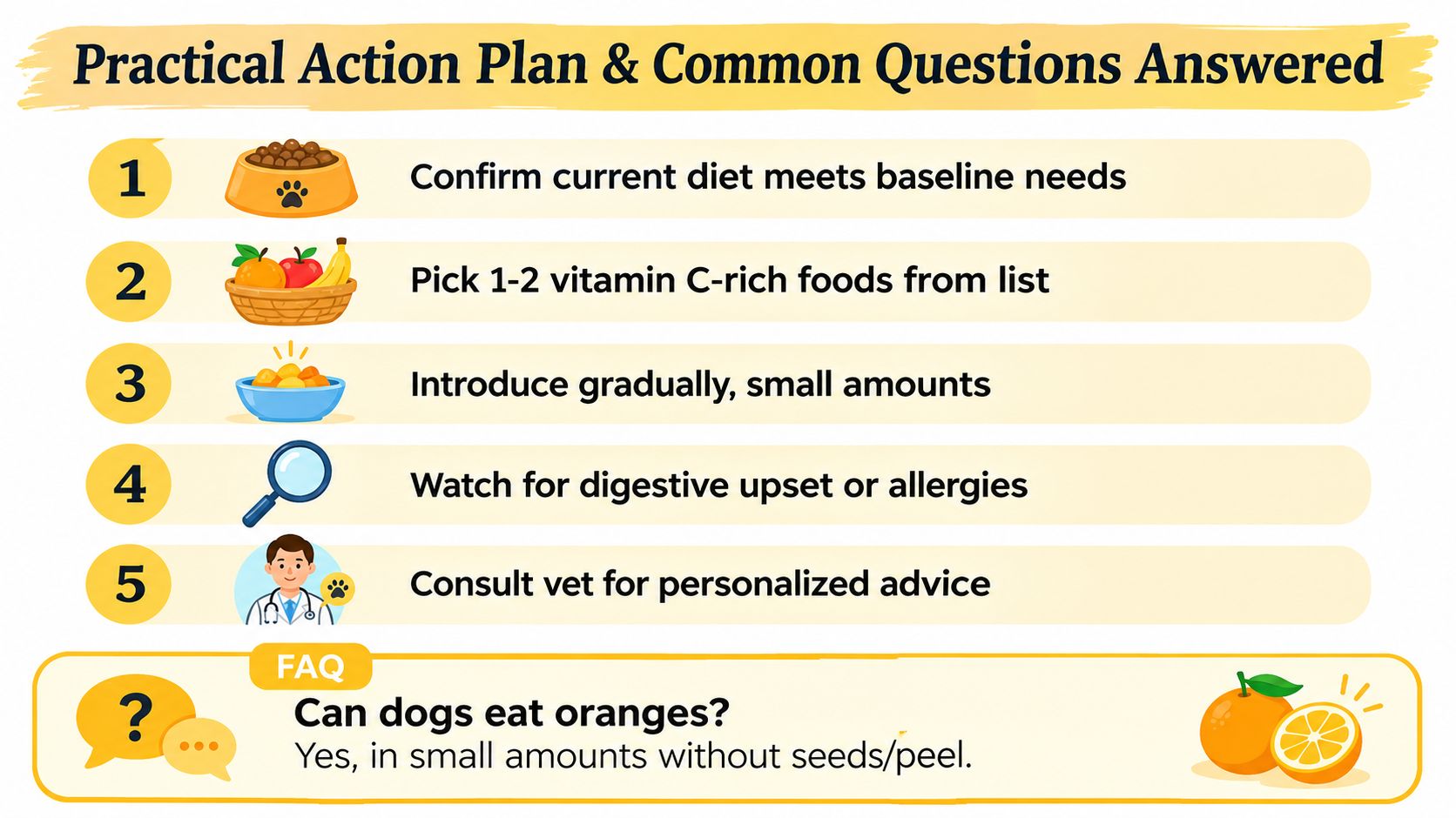 A five-step guide for feeding vitamin C-rich foods to dogs, including an FAQ about feeding them oranges.