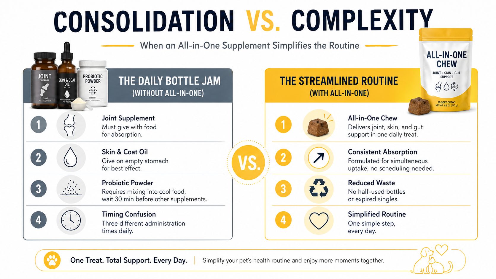 An infographic comparing complex separate pet supplements to a simple all-in-one chew for streamlined pet health care.