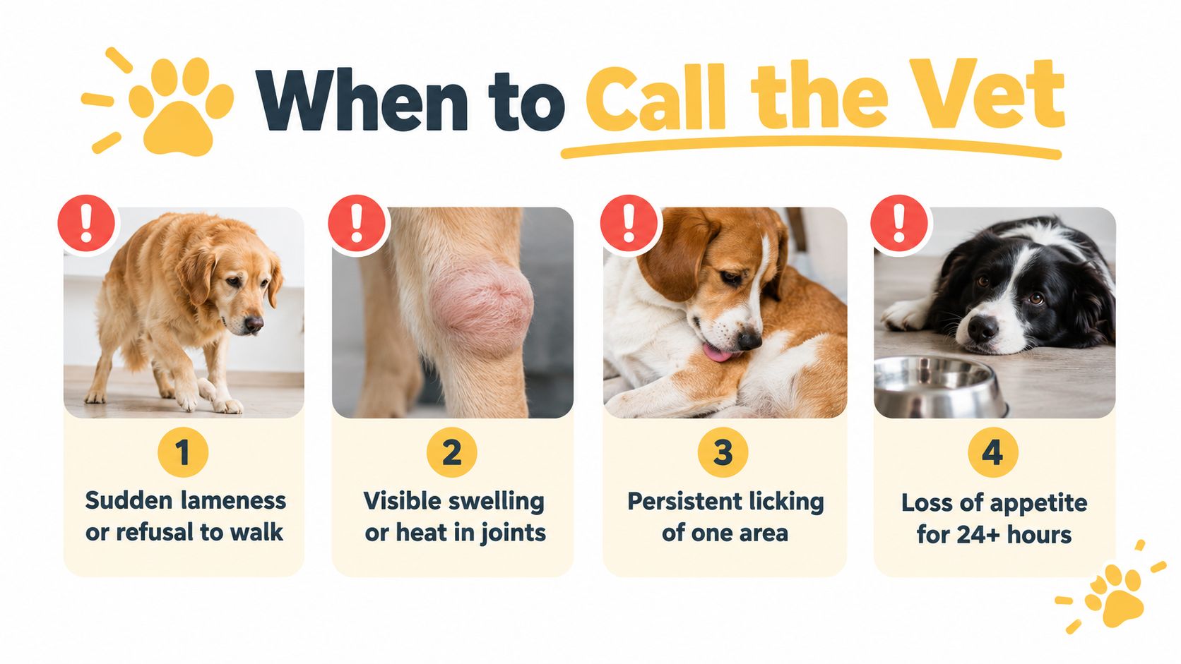An infographic titled When to Call the Vet featuring four common medical symptoms in dogs.