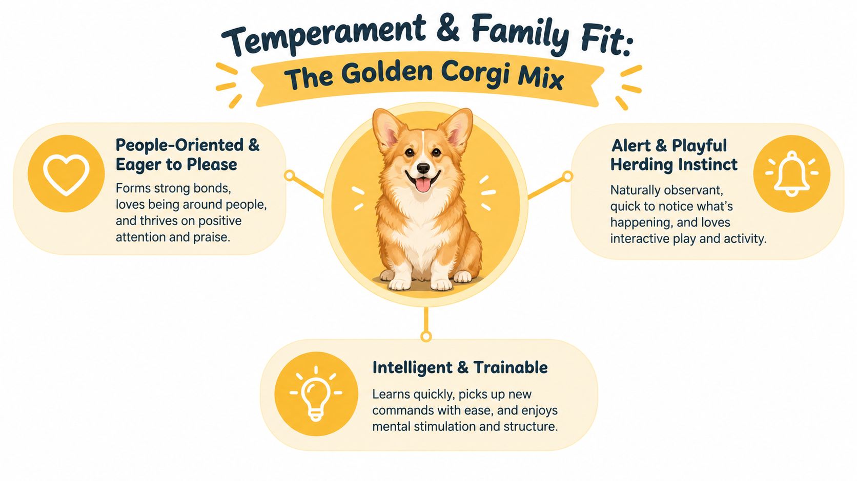 An infographic detailing the temperament and family fit of the Golden Retriever Corgi mix dog breed.