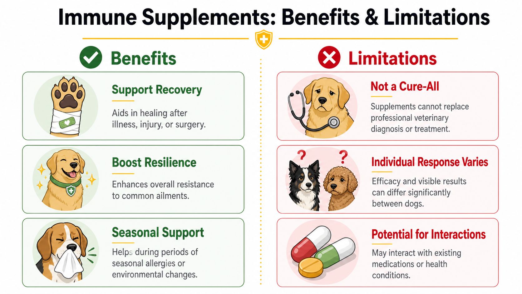 An infographic detailing the benefits and limitations of using immune system supplements for dogs.