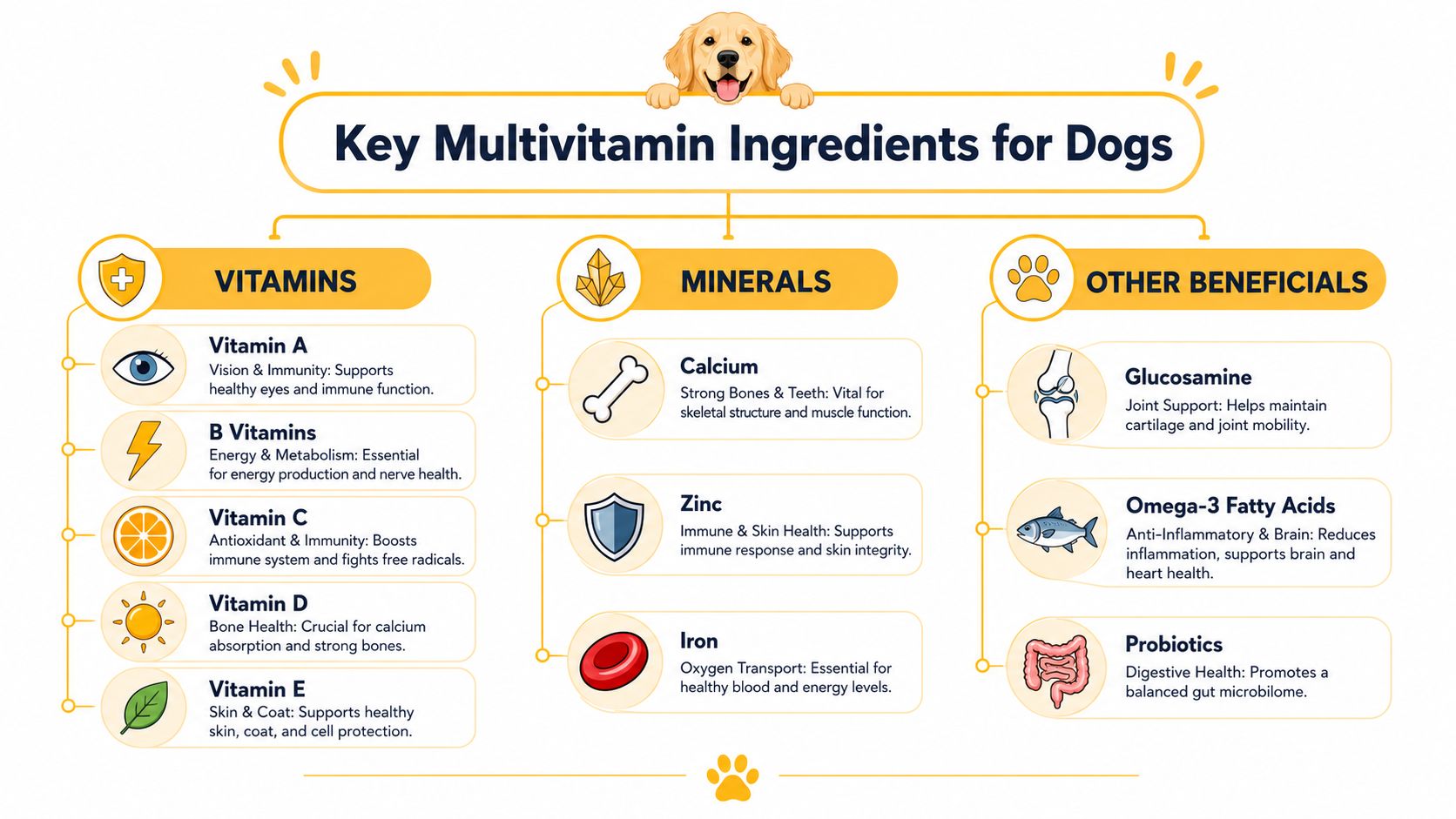 An infographic titled Key Multivitamin Ingredients for Dogs detailing various vitamins, minerals, and other beneficial nutrients.