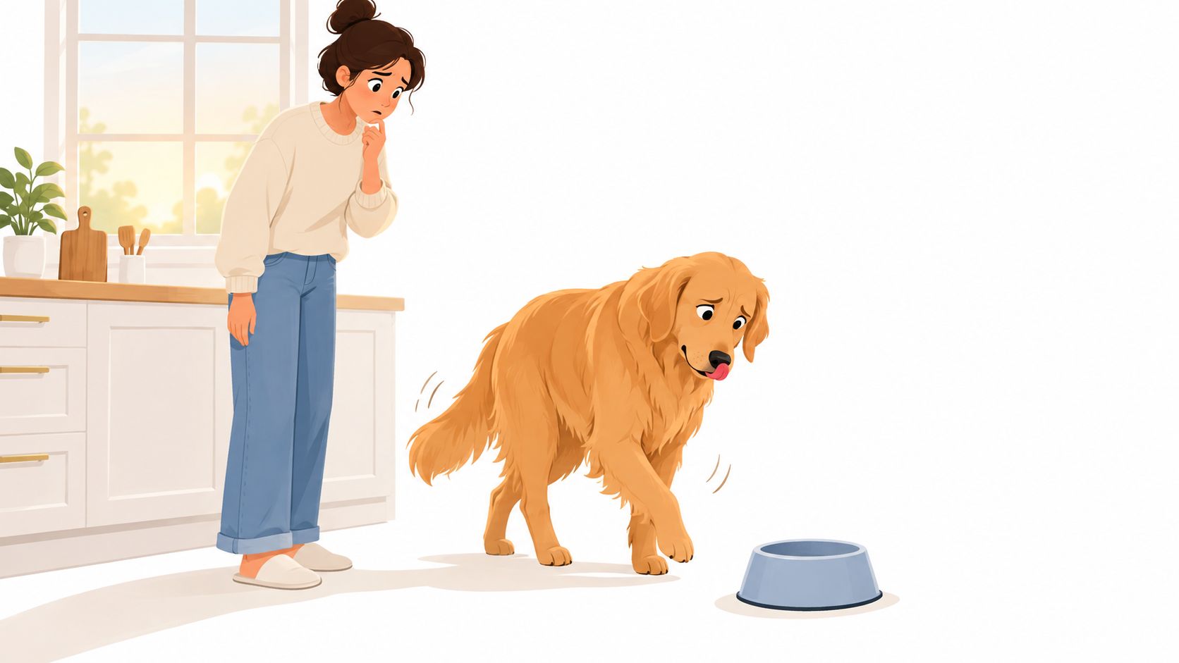 A concerned woman watches her hungry golden retriever dog approaching an empty food bowl in the kitchen.