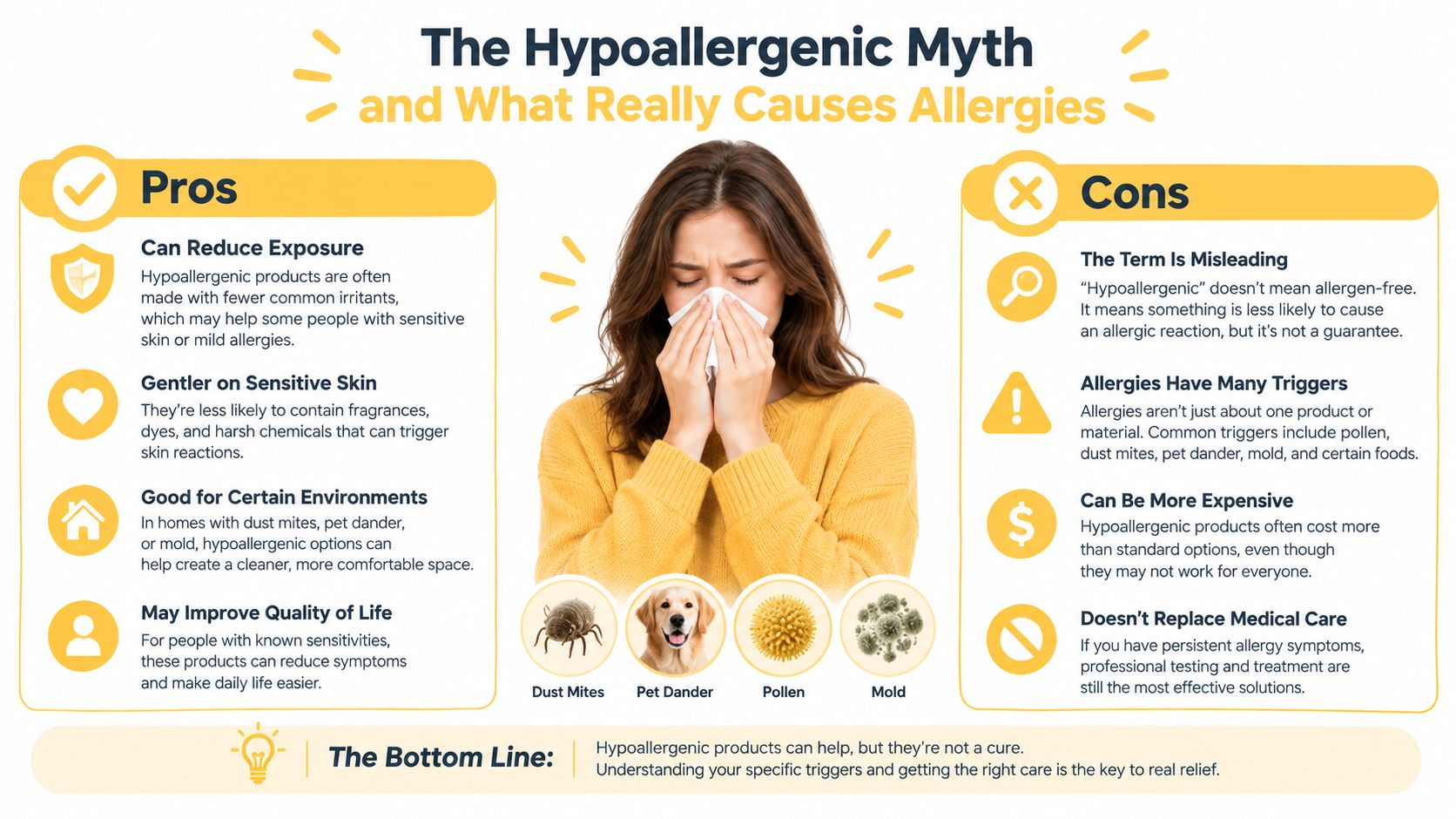 An infographic titled The Hypoallergenic Myth explaining the pros and cons of using hypoallergenic products.