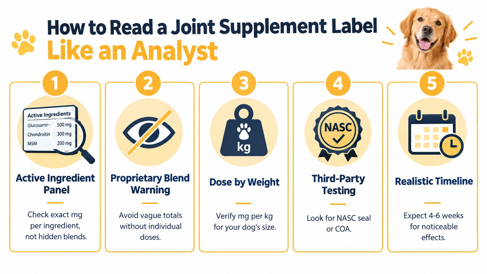 An infographic titled How to Read a Joint Supplement Label Like an Analyst with five steps.