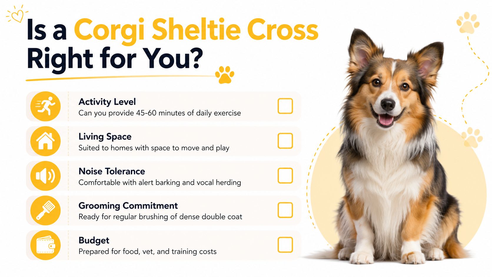 An infographic checklist evaluating if a Corgi Sheltie crossbreed dog is a suitable pet for you.