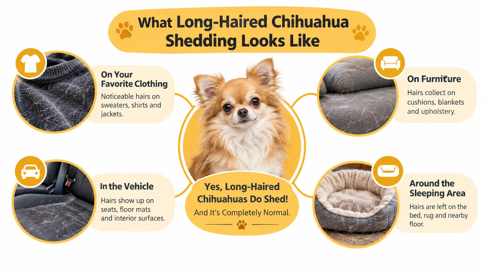 An infographic showing where long-haired Chihuahuas shed, including clothing, furniture, vehicles, and their sleeping area.