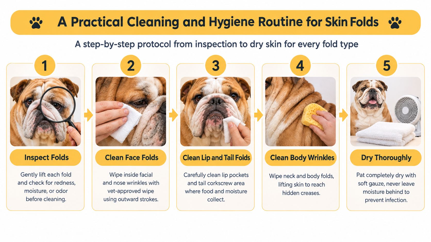 A five-step guide on how to properly clean and dry the skin folds of a bulldog.