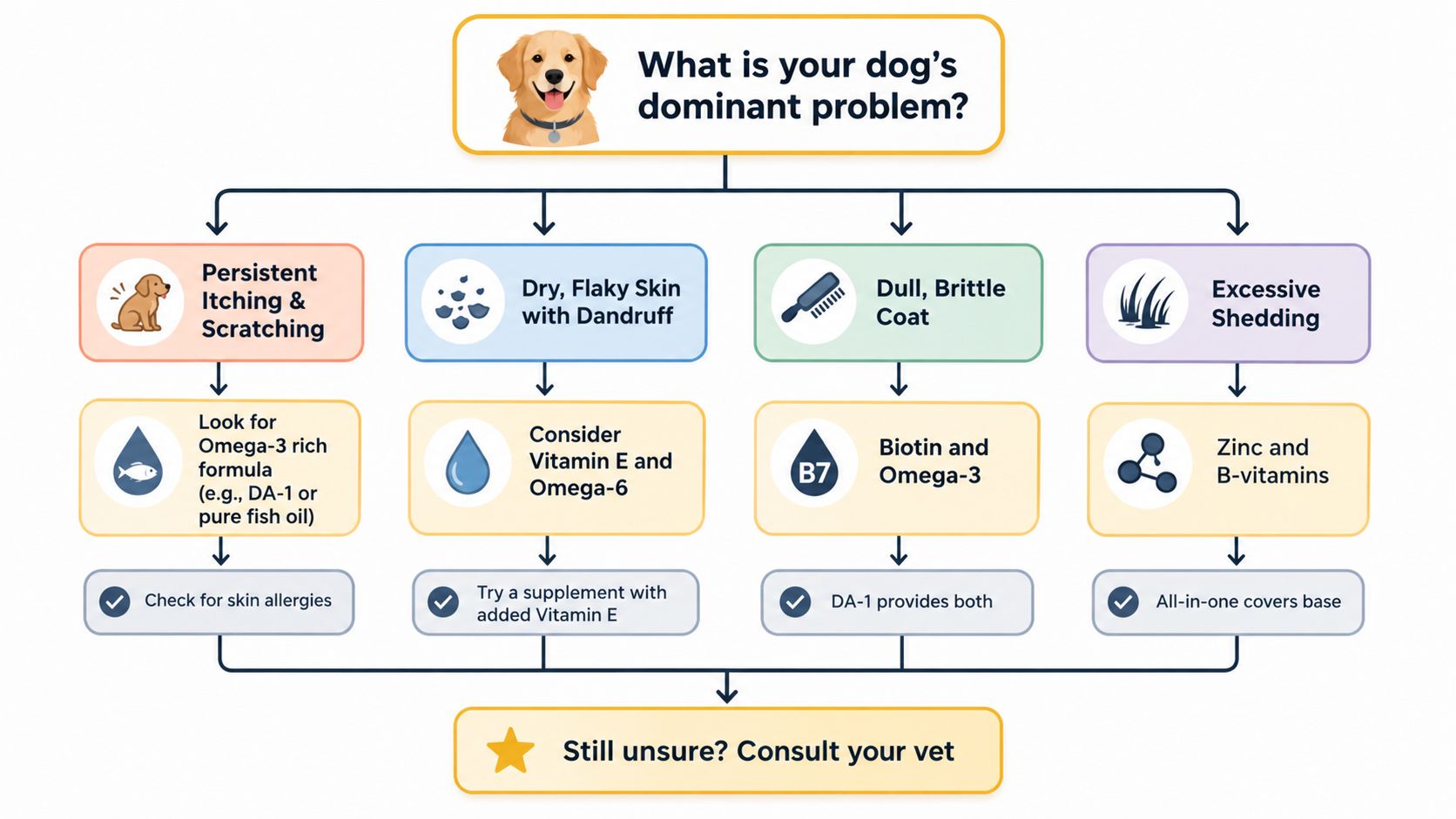 A decision flowchart helping dog owners choose the right supplements for common skin and coat issues.