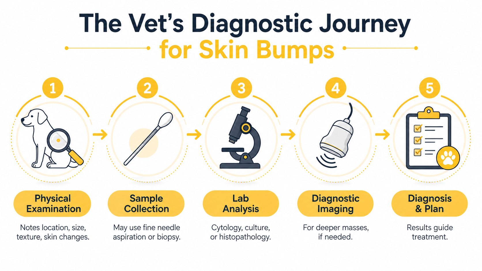 A five-step infographic showing the veterinary diagnostic process for evaluating skin bumps on a pet.