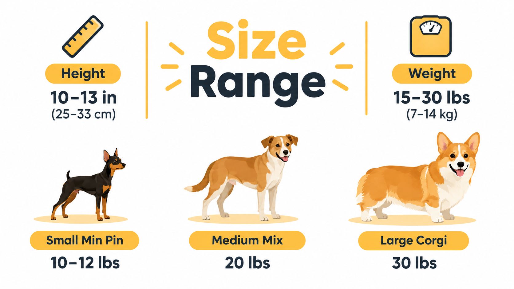 An infographic illustrating dog size ranges for a small Min Pin, medium mix, and large Corgi breed.
