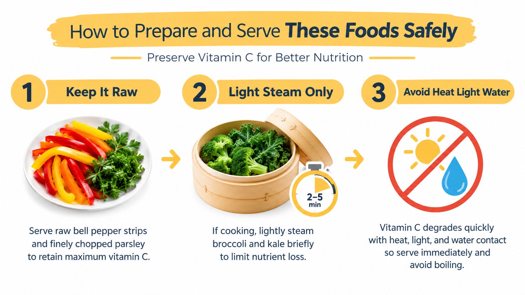 An infographic showing three tips to prepare and serve Vitamin C rich foods for better nutrition.