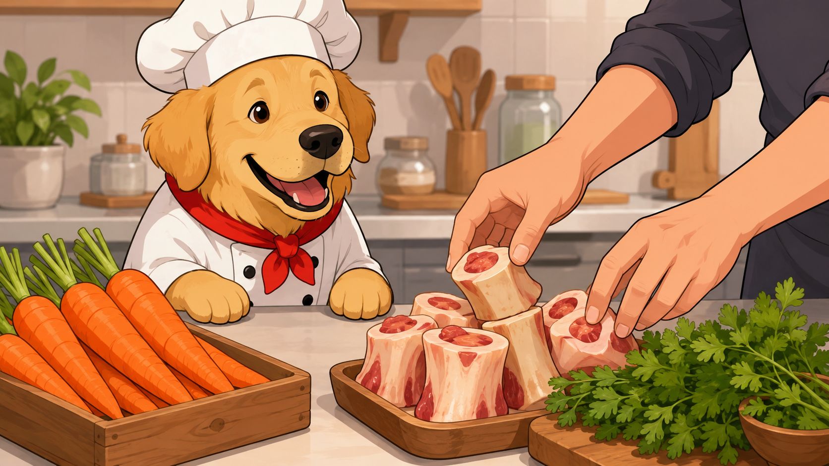 A smiling golden retriever chef watching a person prepare fresh bone broth ingredients in a kitchen.