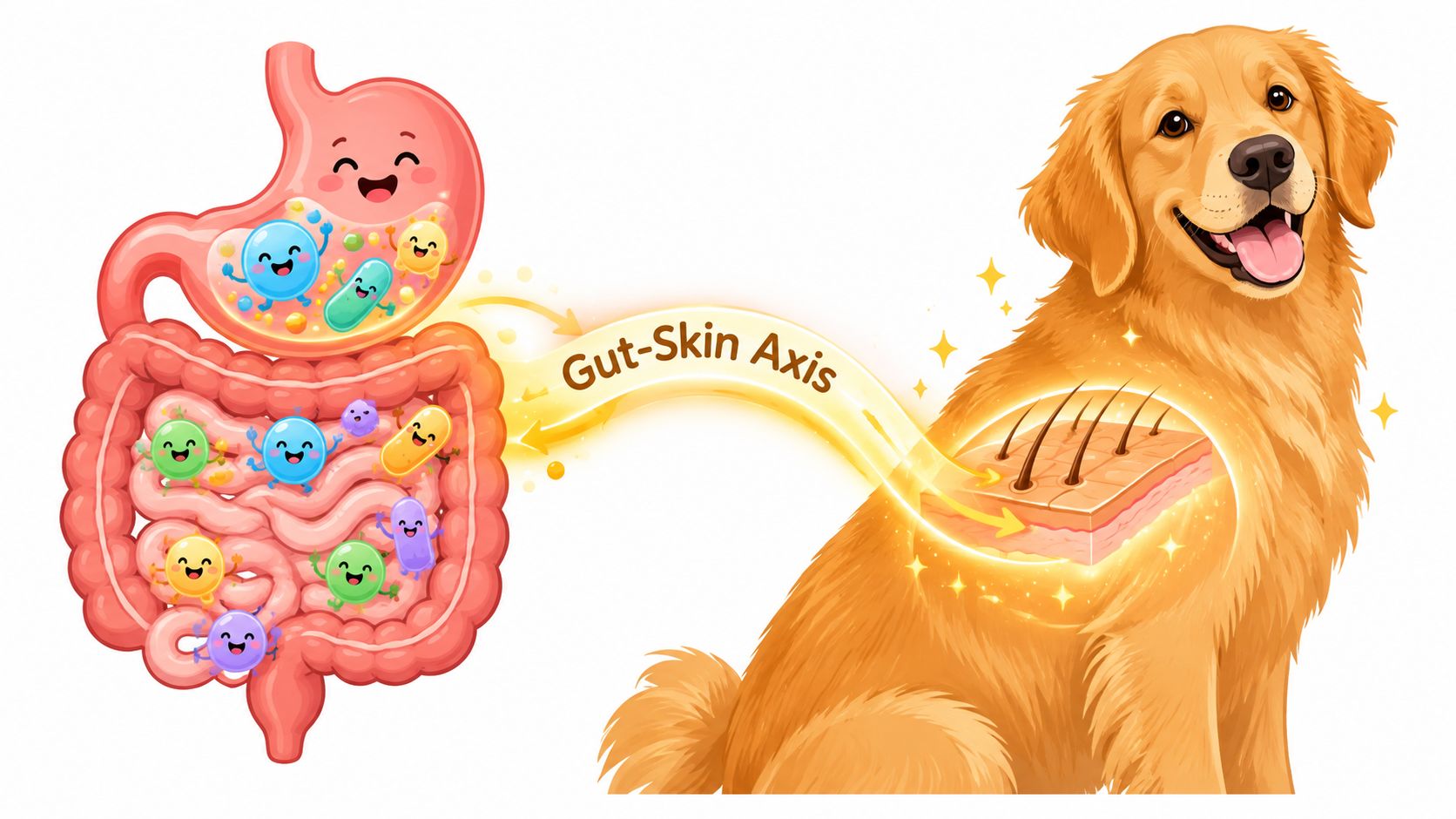 A diagram illustrating the gut-skin axis with microbes in the digestive system affecting dog skin health.
