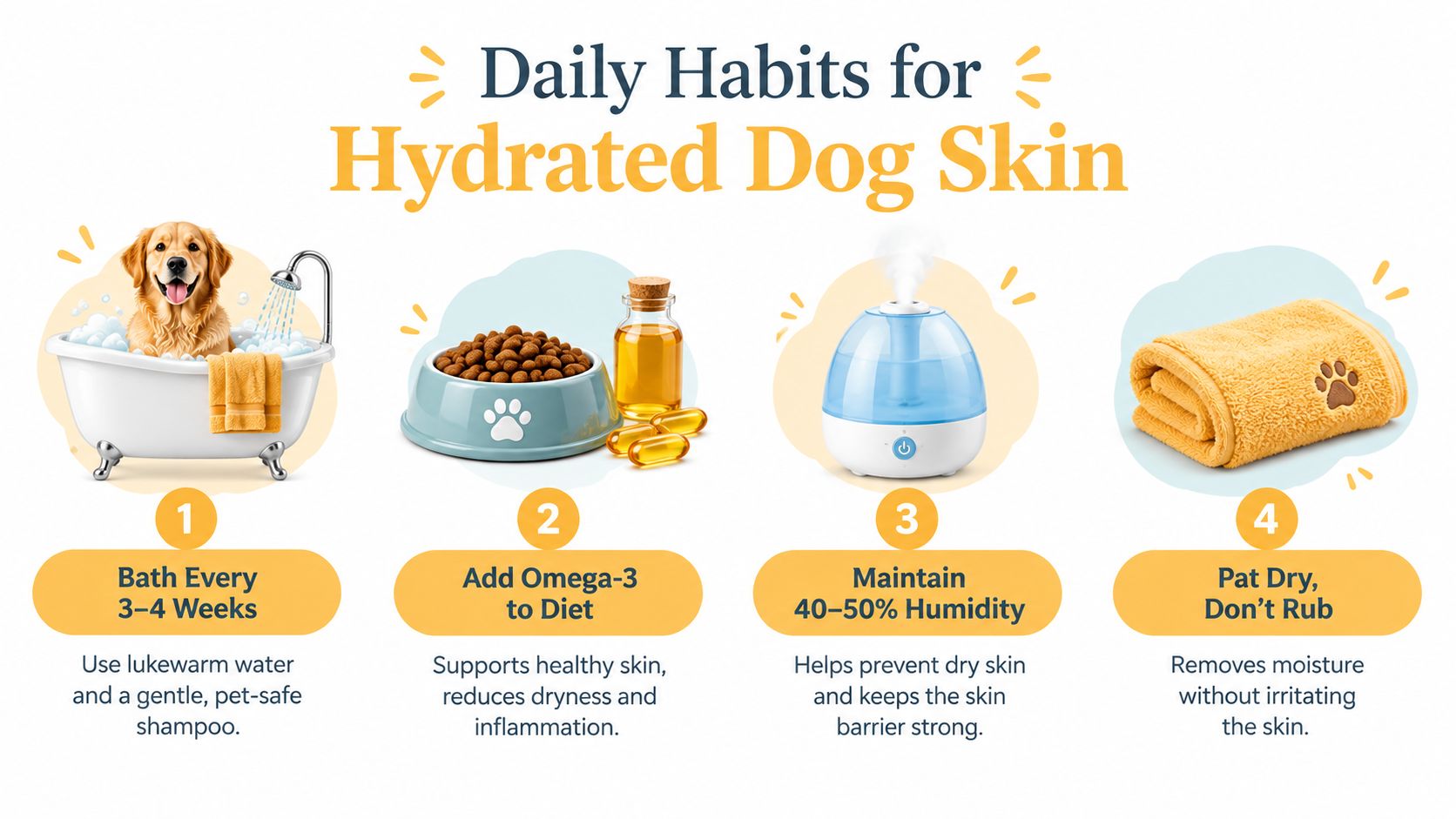 An infographic illustrating four daily habits to maintain healthy and hydrated skin for your pet dog.