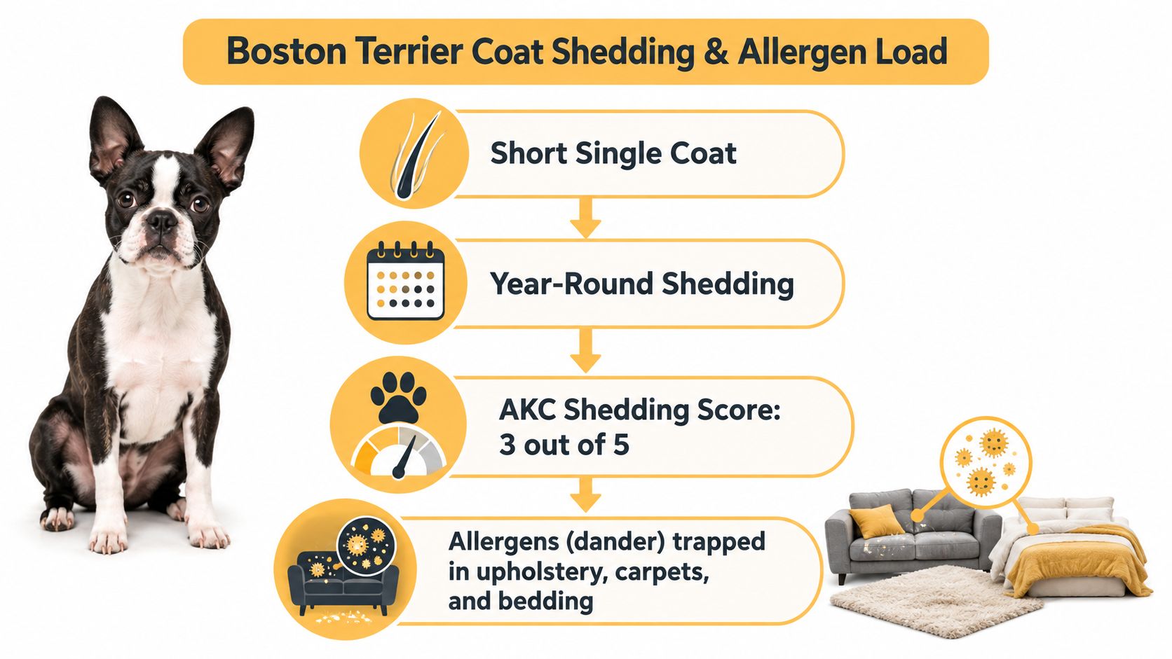 An infographic illustrating Boston Terrier coat shedding, allergy concerns, and allergen accumulation in home environments.