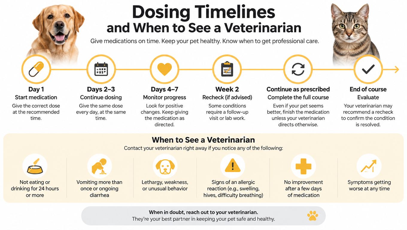 A visual guide explaining dosing timelines for pet medications and warning signs to see a veterinarian.