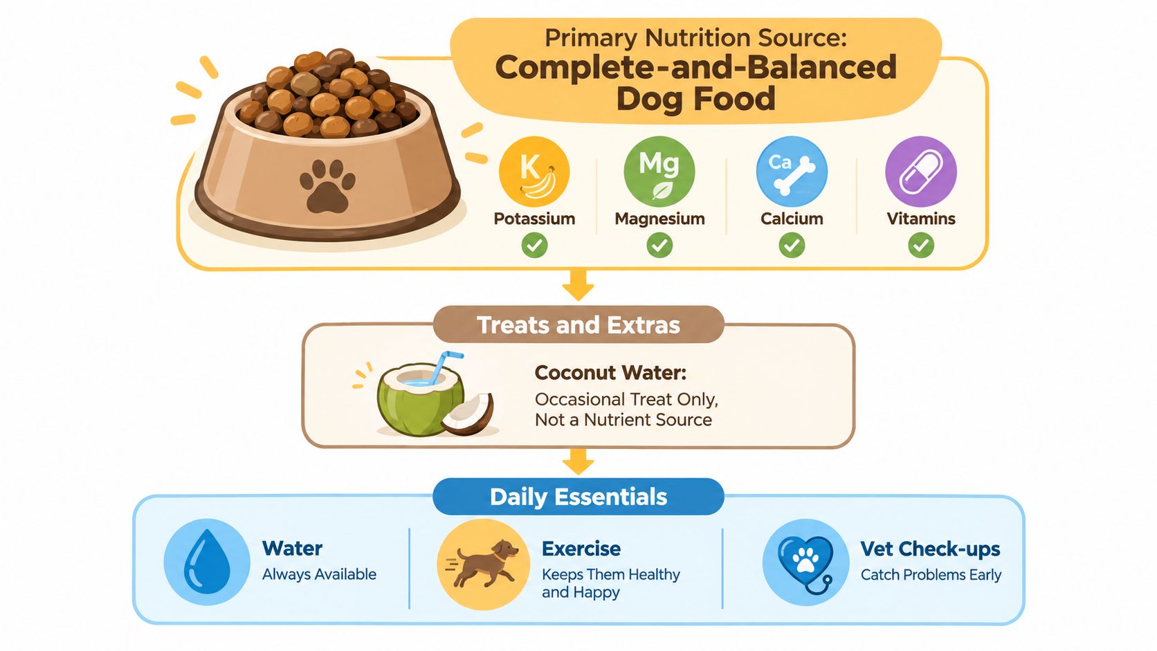 An infographic showing that complete dog food is the primary nutrition, with coconut water as occasional treats.