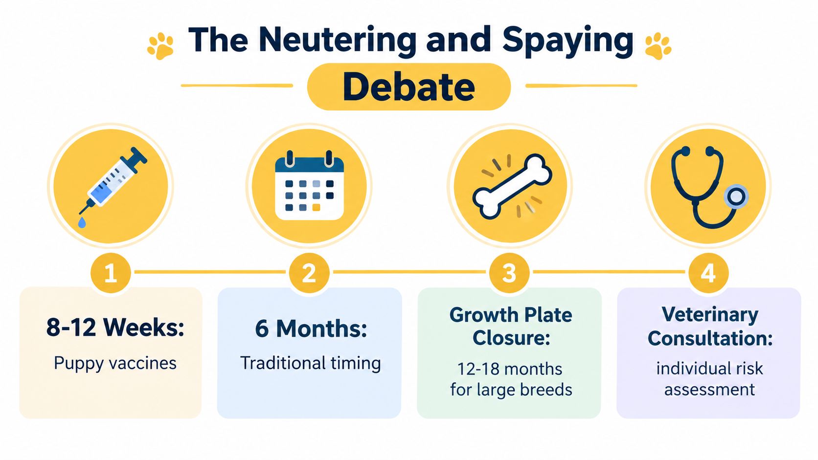 An infographic titled The Neutering and Spaying Debate showing four stages of recommended timing for puppies.