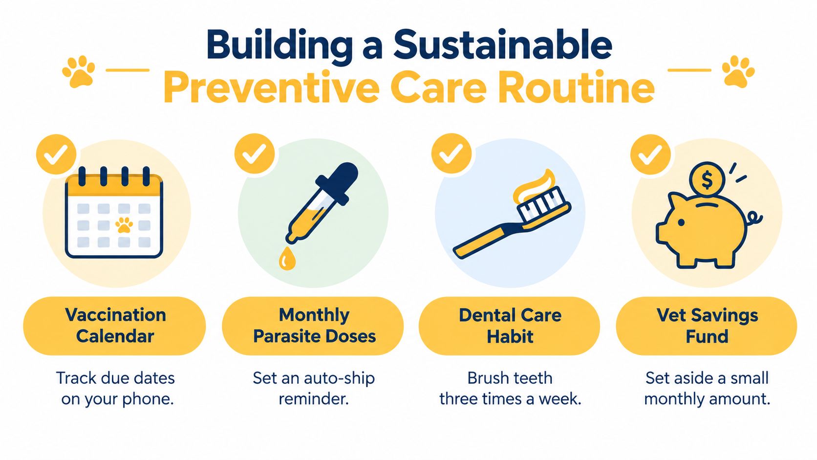 An infographic titled Building a Sustainable Preventive Care Routine with four icons illustrating pet health habits.