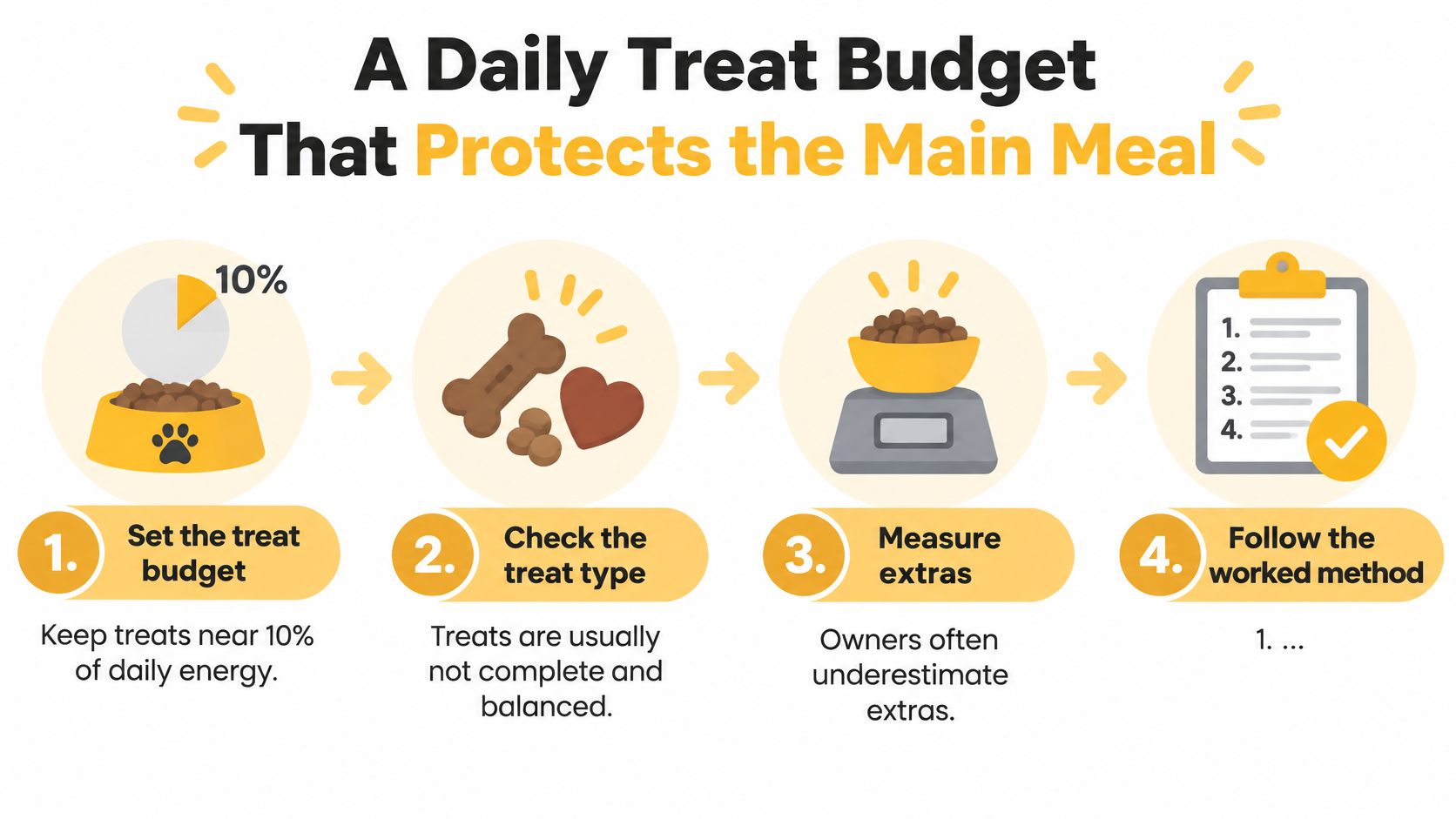 An infographic showing a four-step guide for managing a dog's daily treat intake and caloric budget.