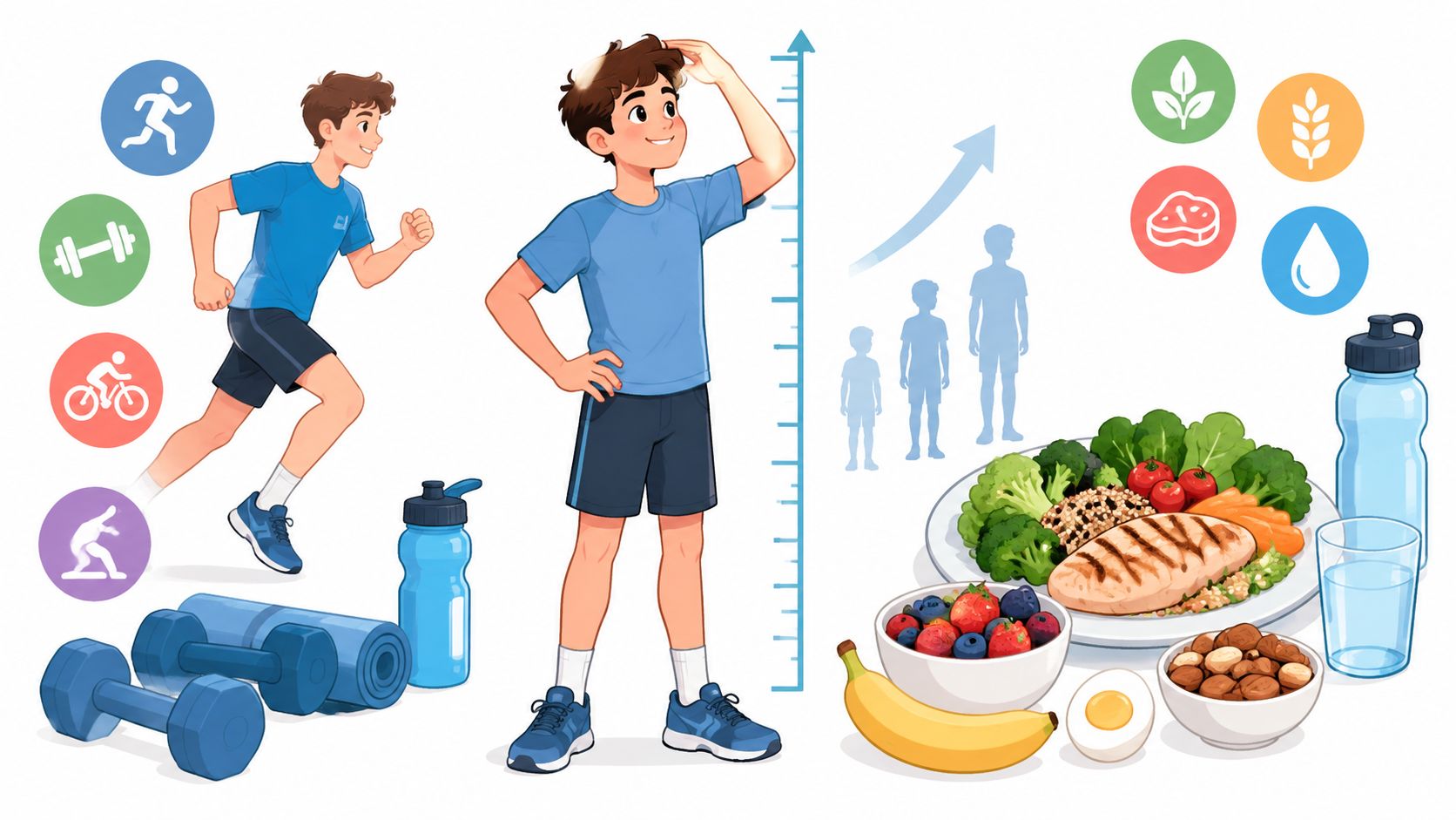 A teenage boy illustrating the factors of physical growth, exercise, healthy nutrition, and hydration for health.