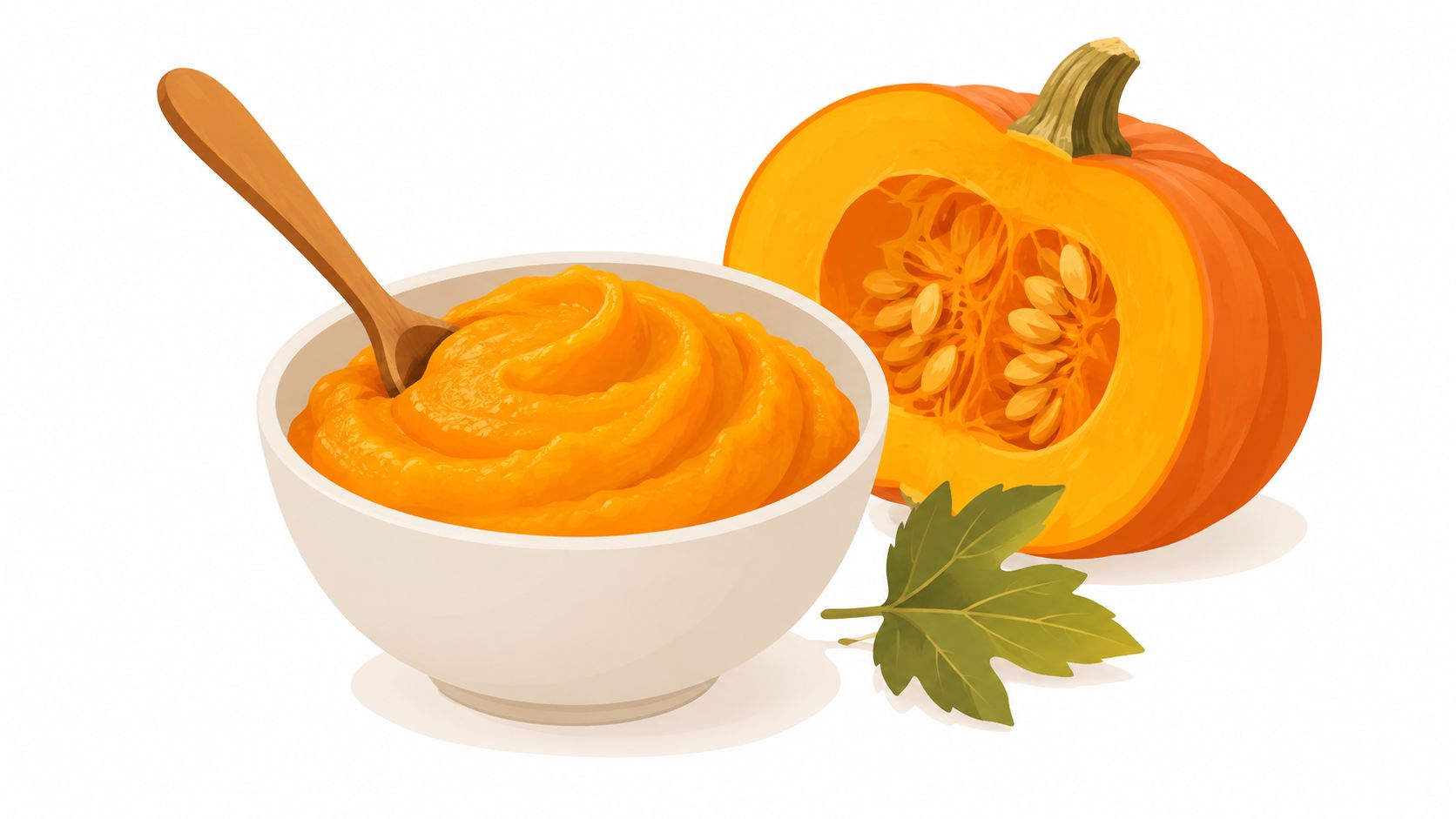 A white bowl of smooth pumpkin puree with a wooden spoon beside a cut pumpkin and leaf.