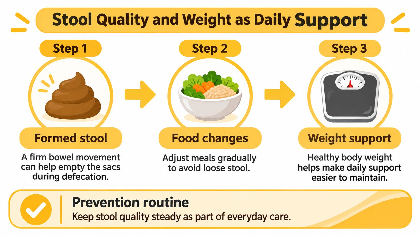 A three-step health infographic showing formed stool, food adjustments, and weight support for anal gland health.