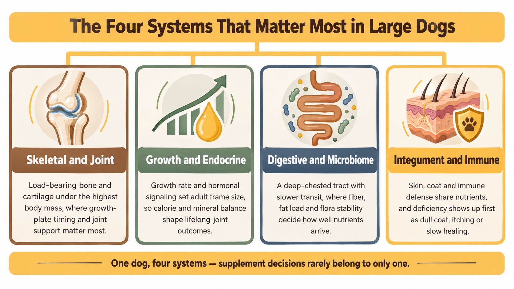 An infographic showing the four critical health systems for large breed dogs including bones, hormones, digestion, and skin.