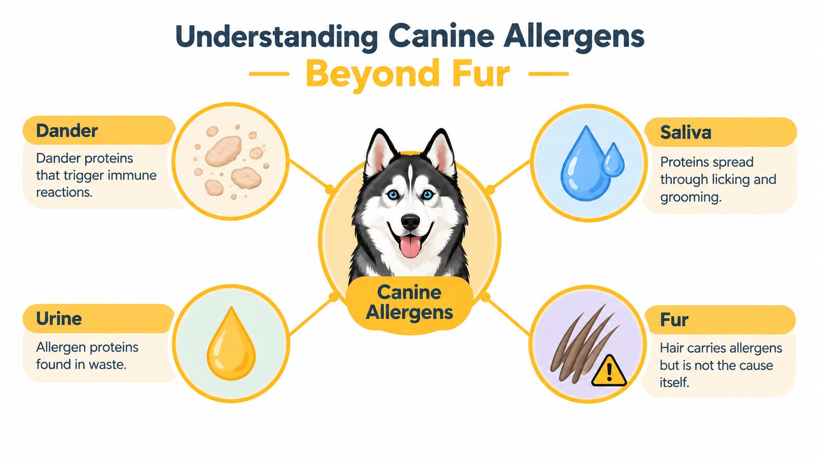A diagram explaining the different sources of canine allergens including dander, saliva, urine, and dog fur.