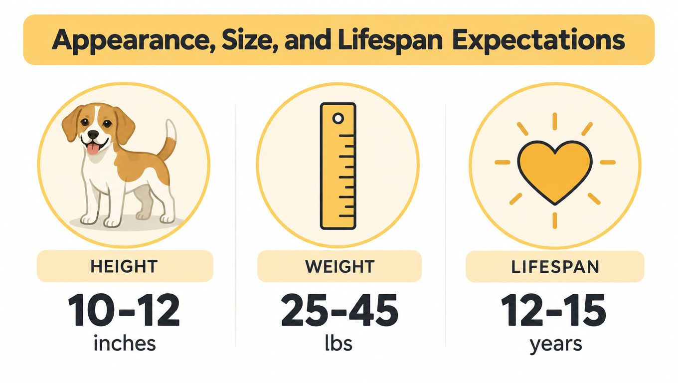 An infographic displays the appearance, size, and lifespan expectations for a dog breed, including height, weight, and age range.