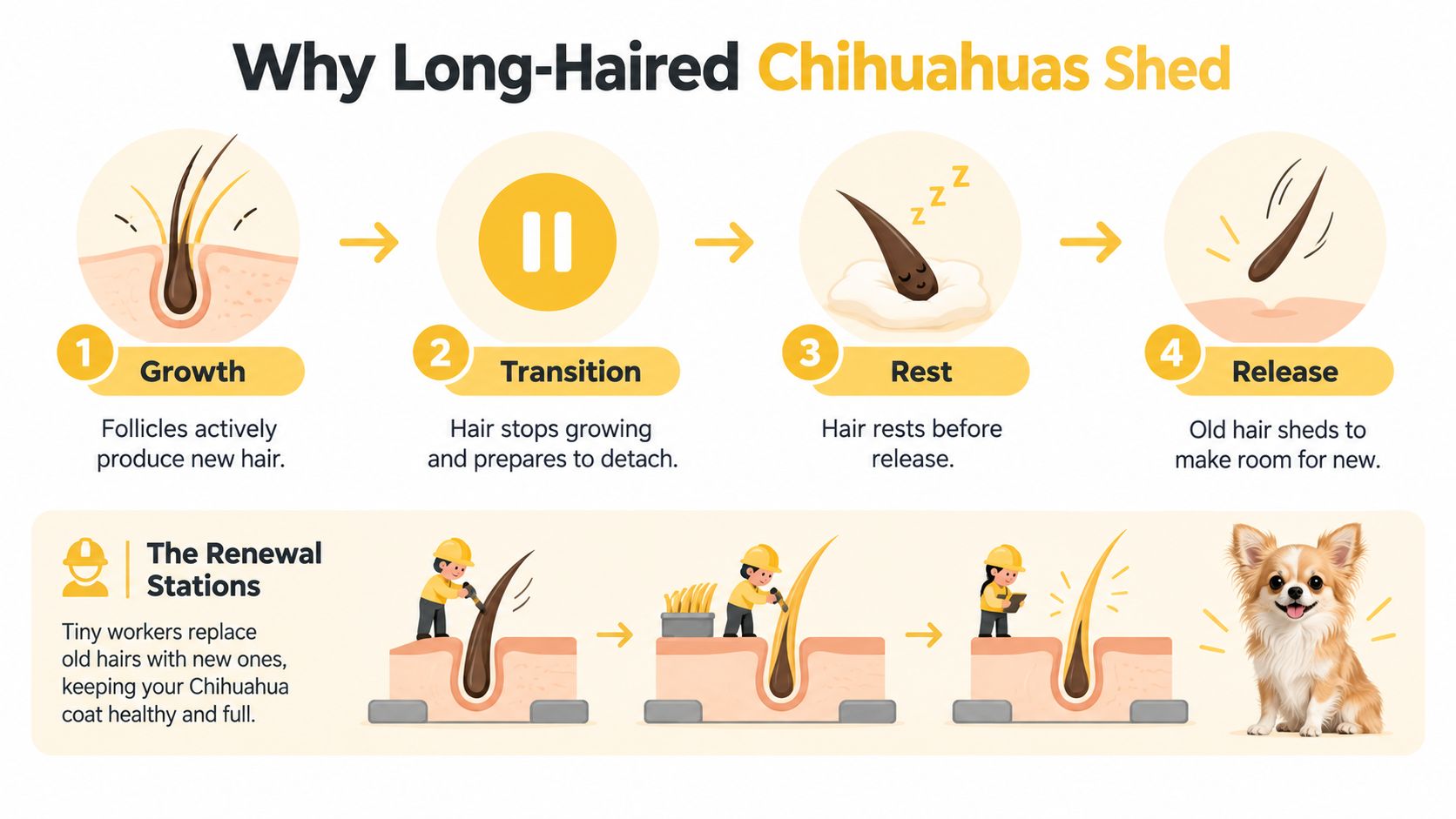 A four-step infographic illustrating the hair shedding process for long-haired Chihuahuas using illustrated growth stages.