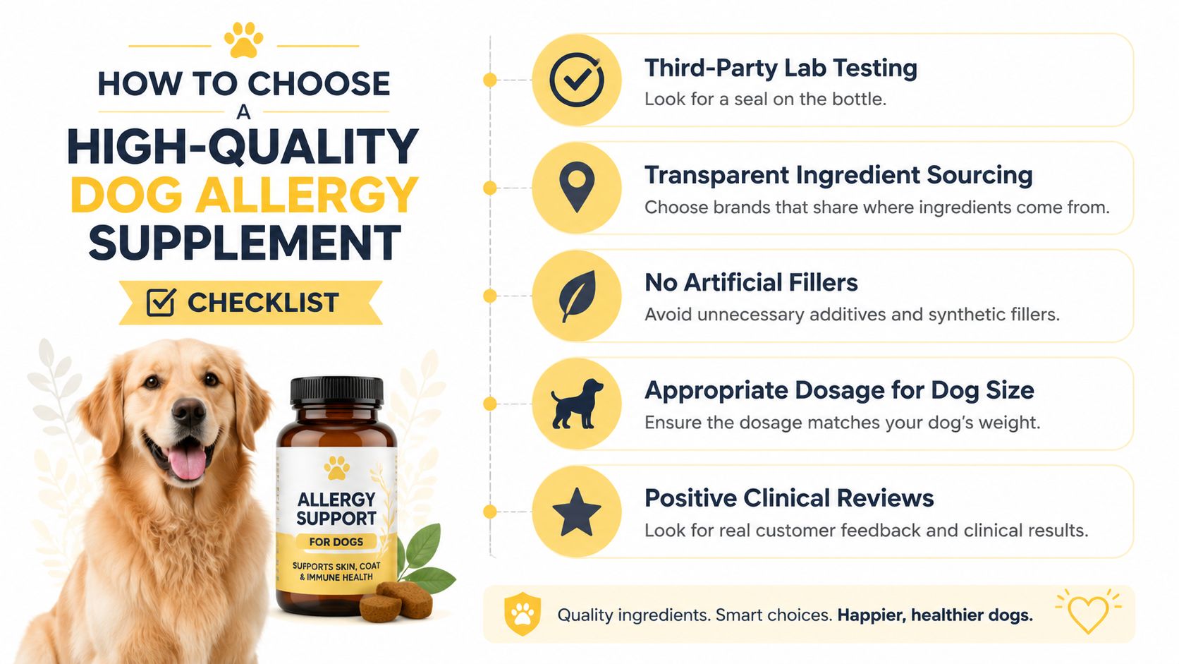 An infographic checklist for choosing a high-quality dog allergy supplement, featuring a happy golden retriever.