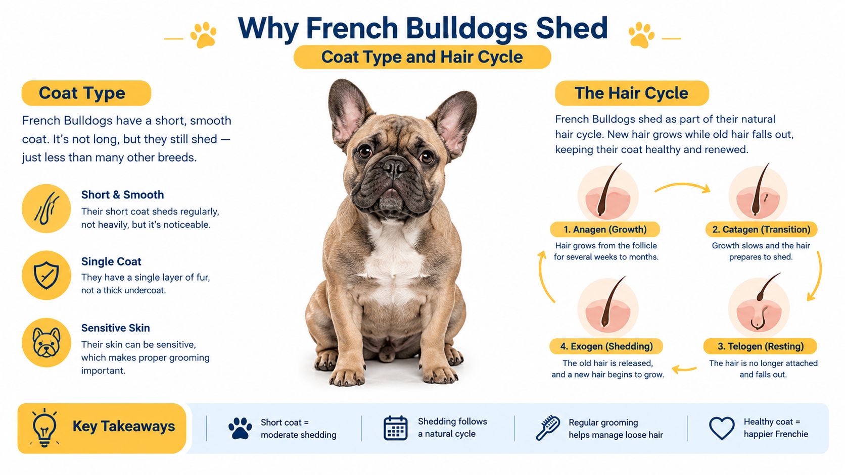 An educational infographic explaining the reasons and natural hair cycle behind French Bulldog shedding.