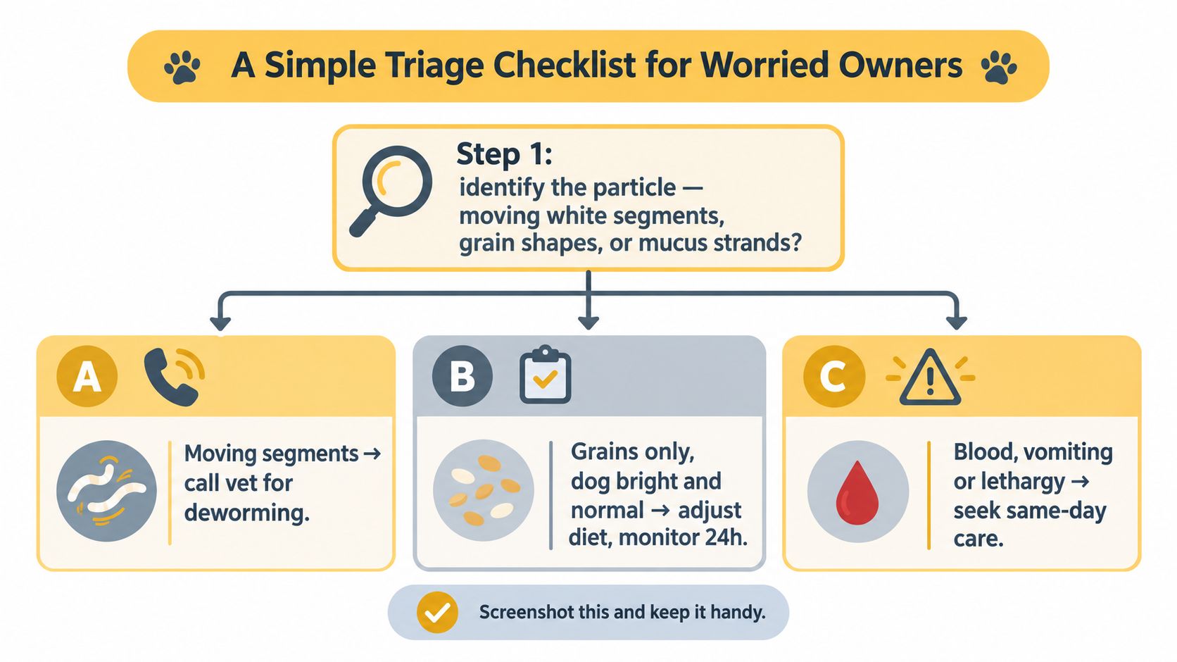 A simple pet triage checklist guide helping owners identify particles like white segments or grains in dog poop.