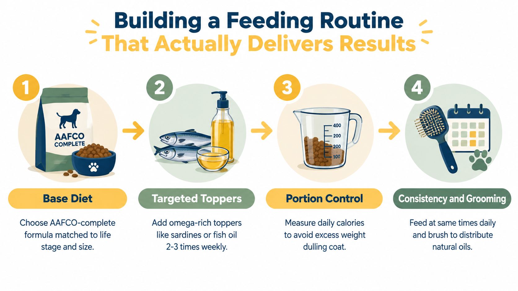 An infographic showing a four-step routine for dog food to improve skin and coat health.