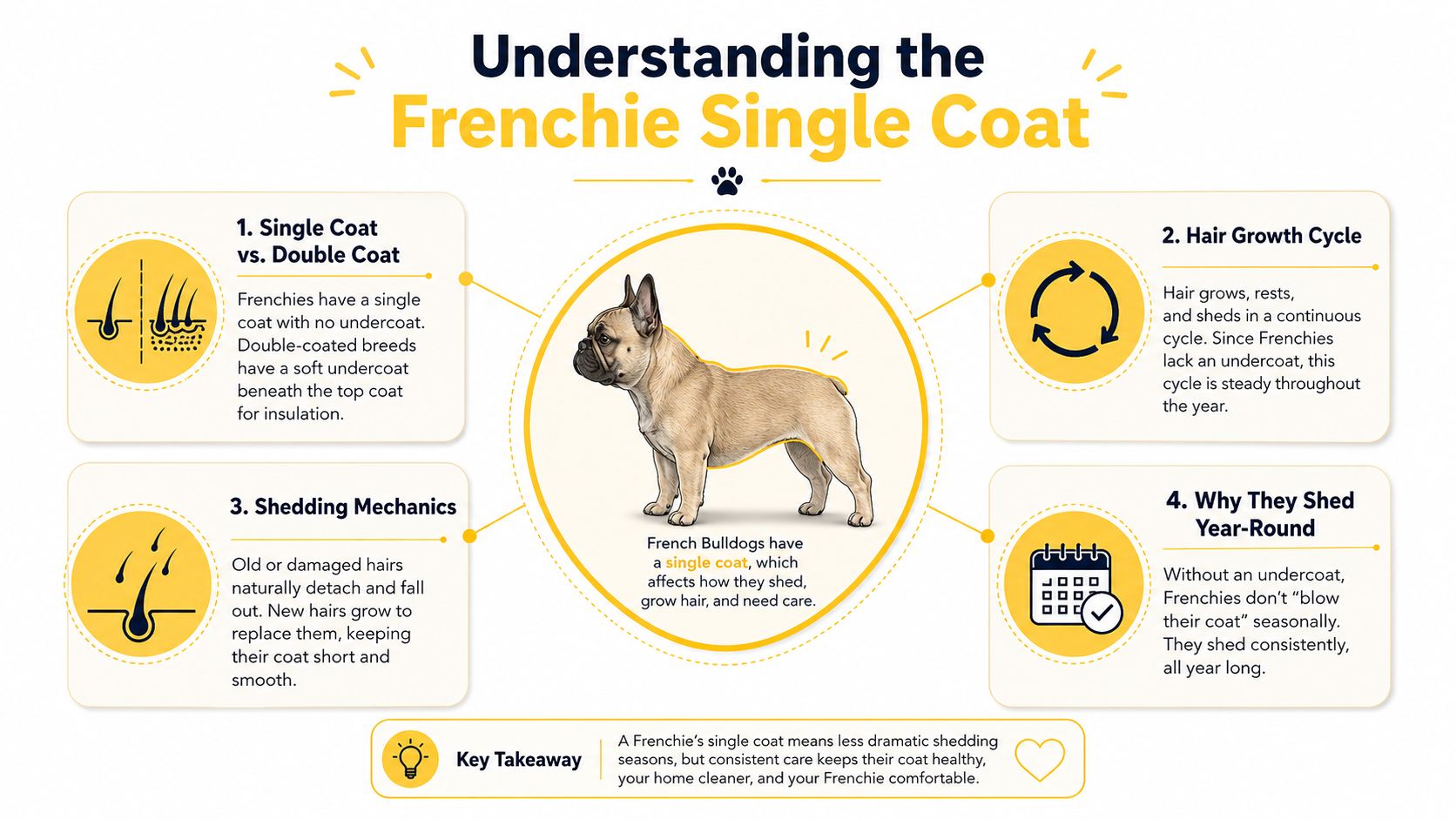 An infographic explaining that French Bulldogs have a single coat and shed consistently throughout the year.
