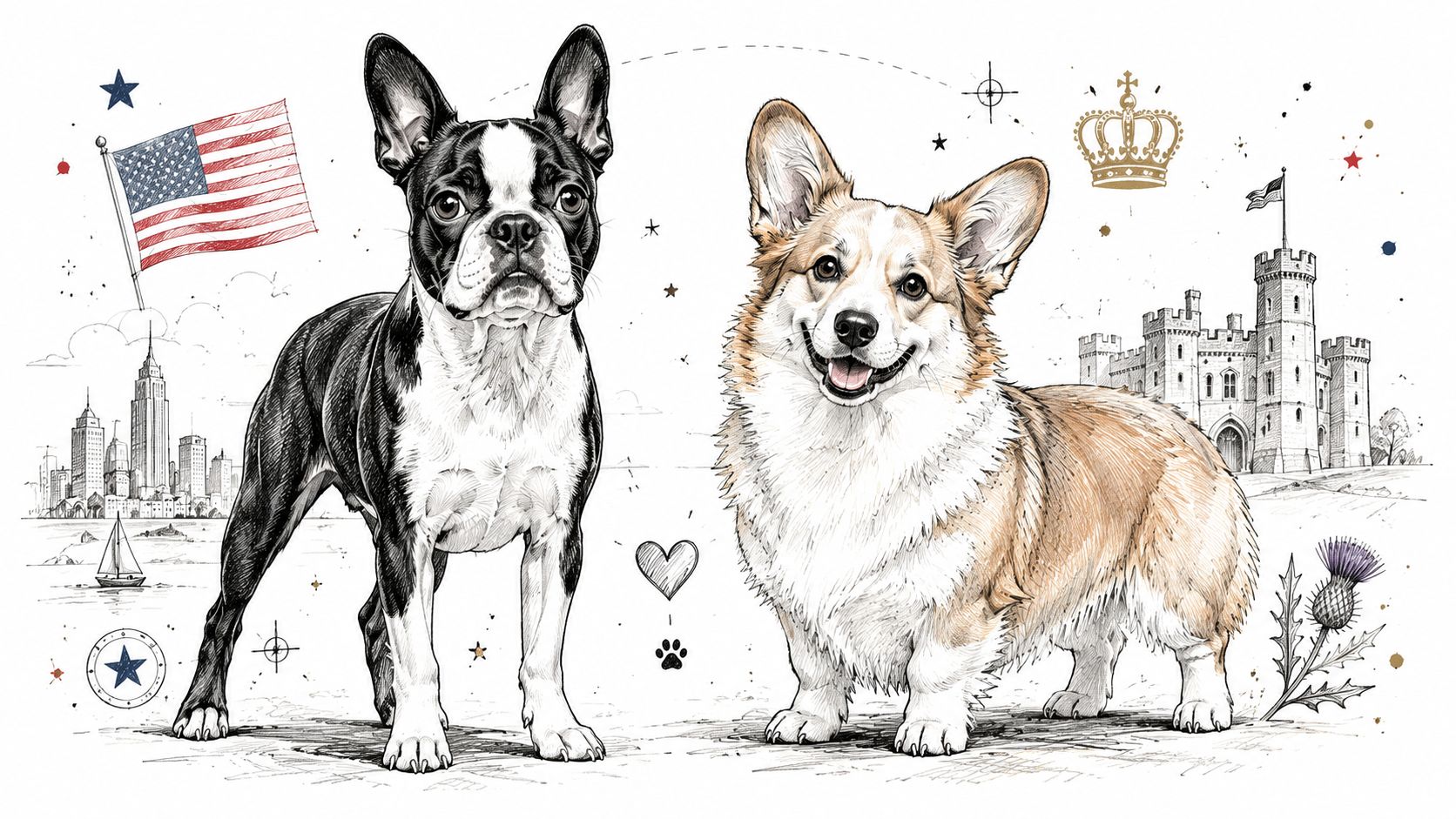A detailed illustration featuring a Boston Terrier and a Corgi surrounded by American and British landmarks.