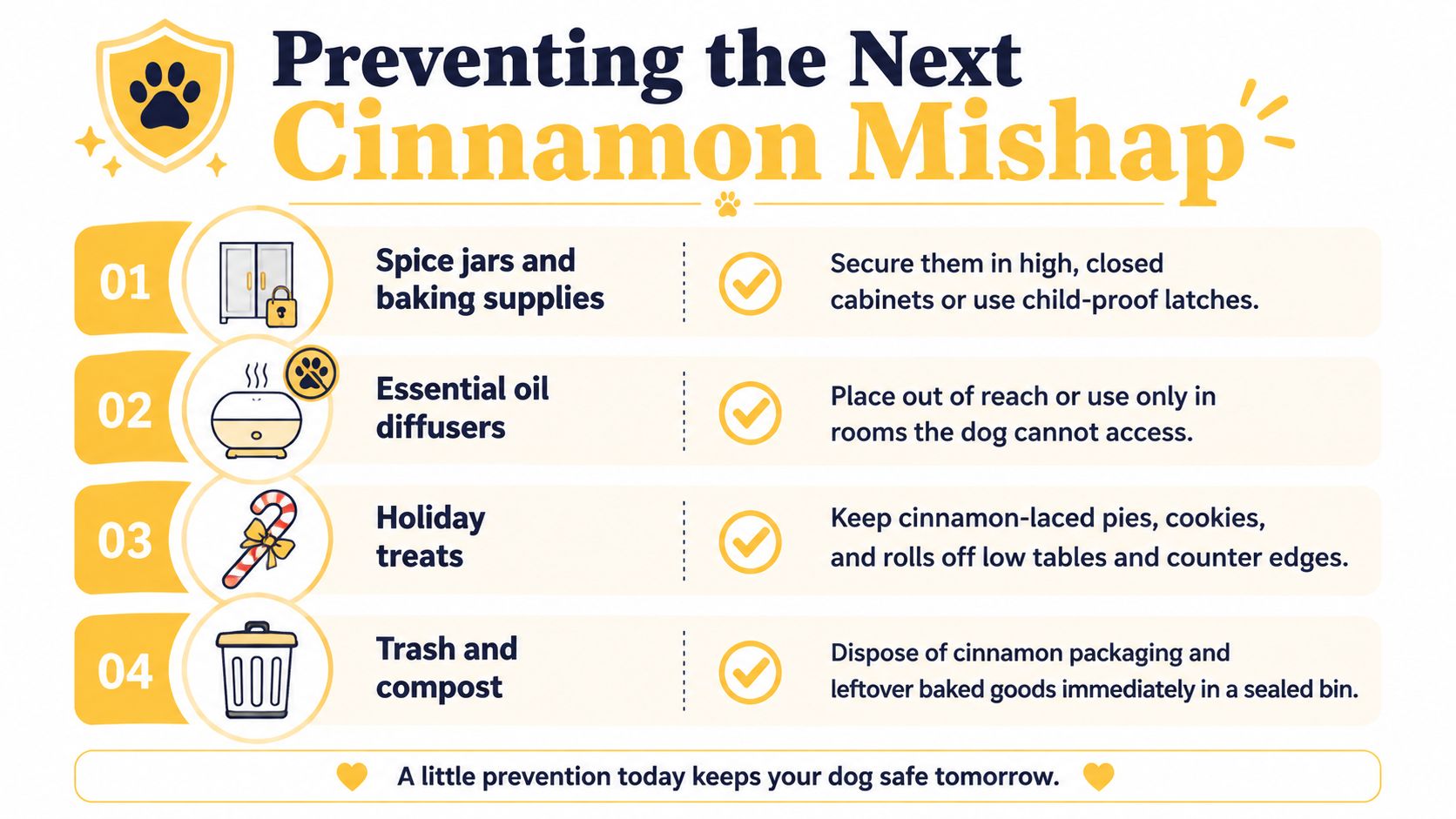 An infographic titled Preventing the Next Cinnamon Mishap with four tips to keep dogs safe from cinnamon.