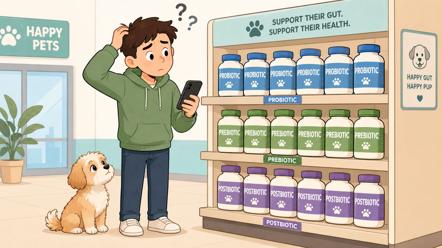 A young man in a green hoodie looking confused at dog supplement bottles on a store shelf.