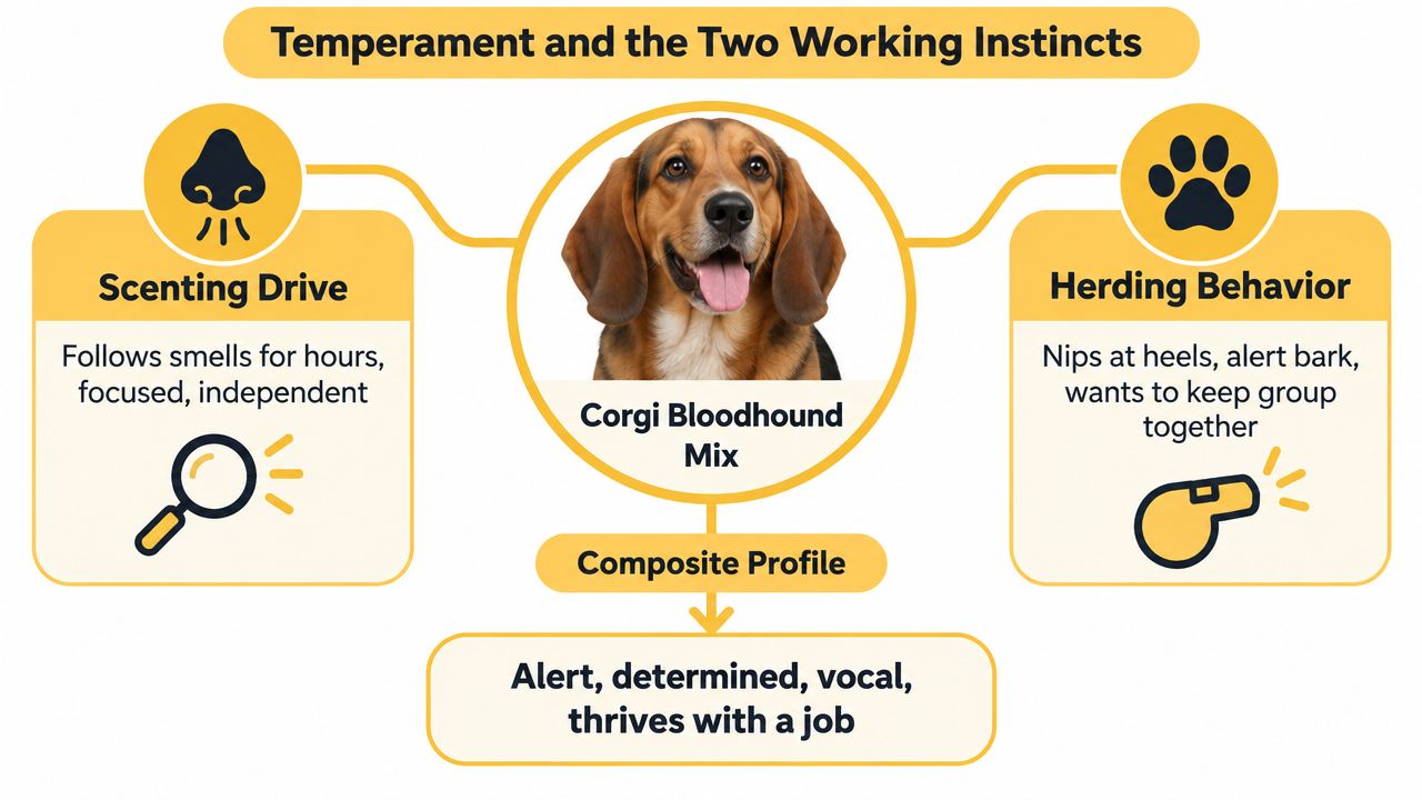An infographic showing the temperament and working instincts of a Corgi Bloodhound mix breed.