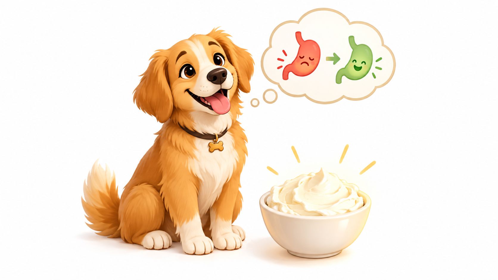 A happy golden-colored dog sitting next to a white bowl of creamy food with a digestive illustration