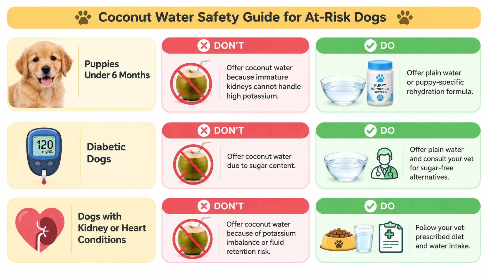 An infographic safety guide outlining why coconut water should not be given to at-risk dogs.