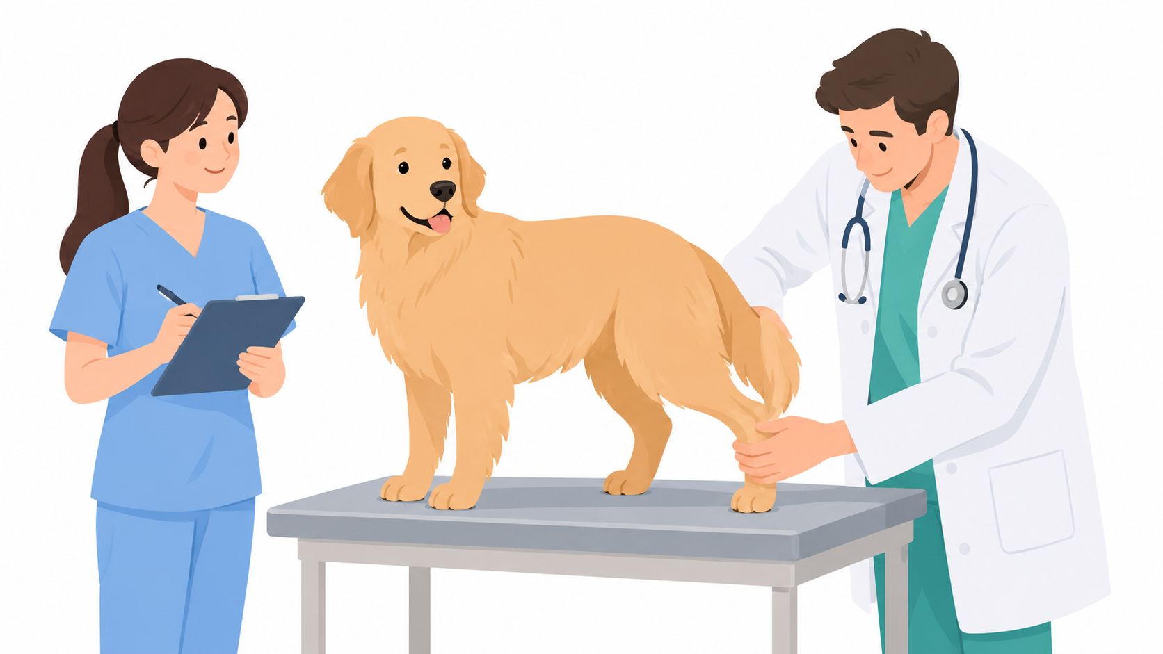 A male veterinarian and female assistant examining a golden retriever dog on an examination table.