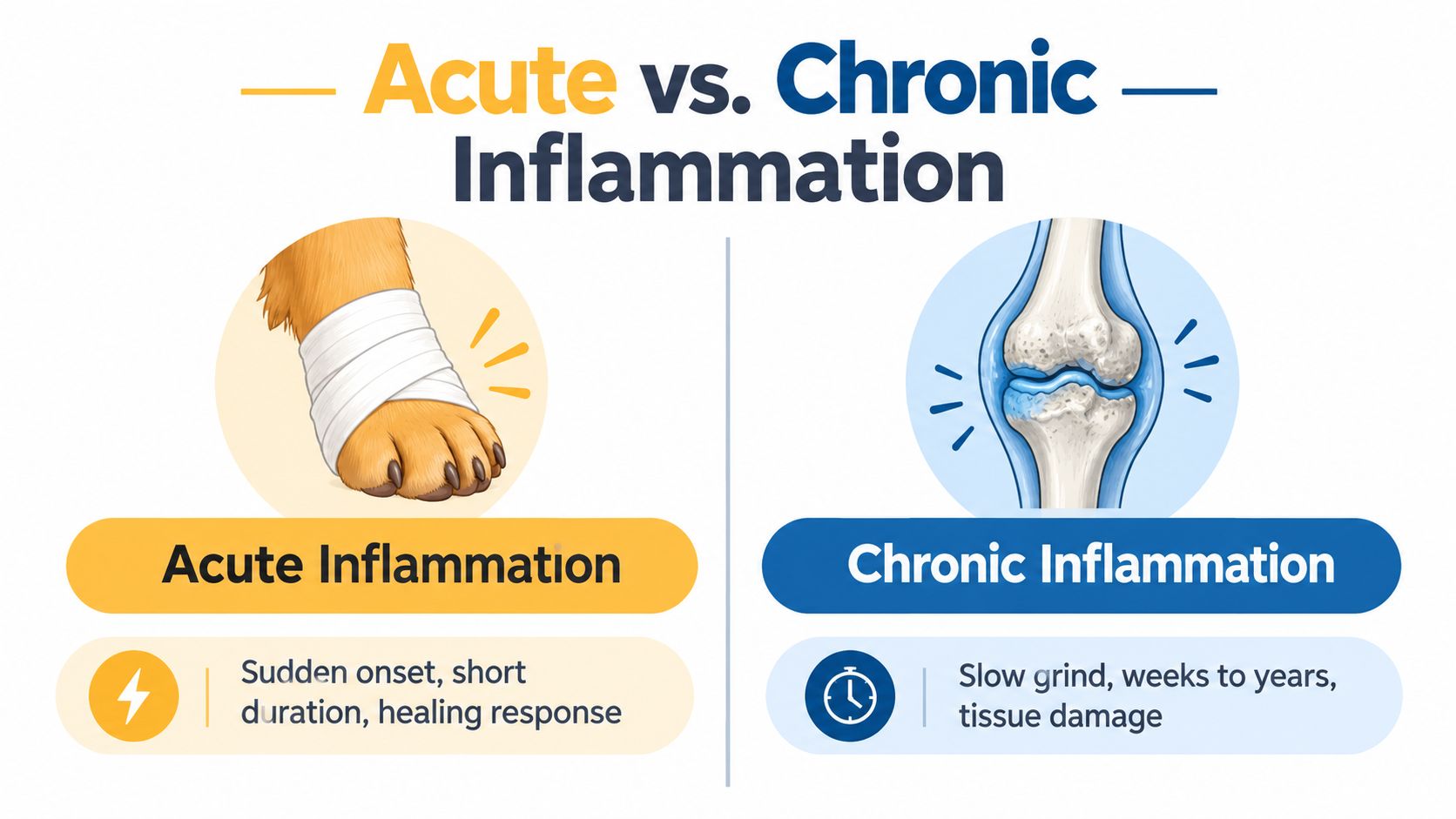 A comparison illustration showing acute inflammation in a dog paw versus chronic inflammation in a joint.