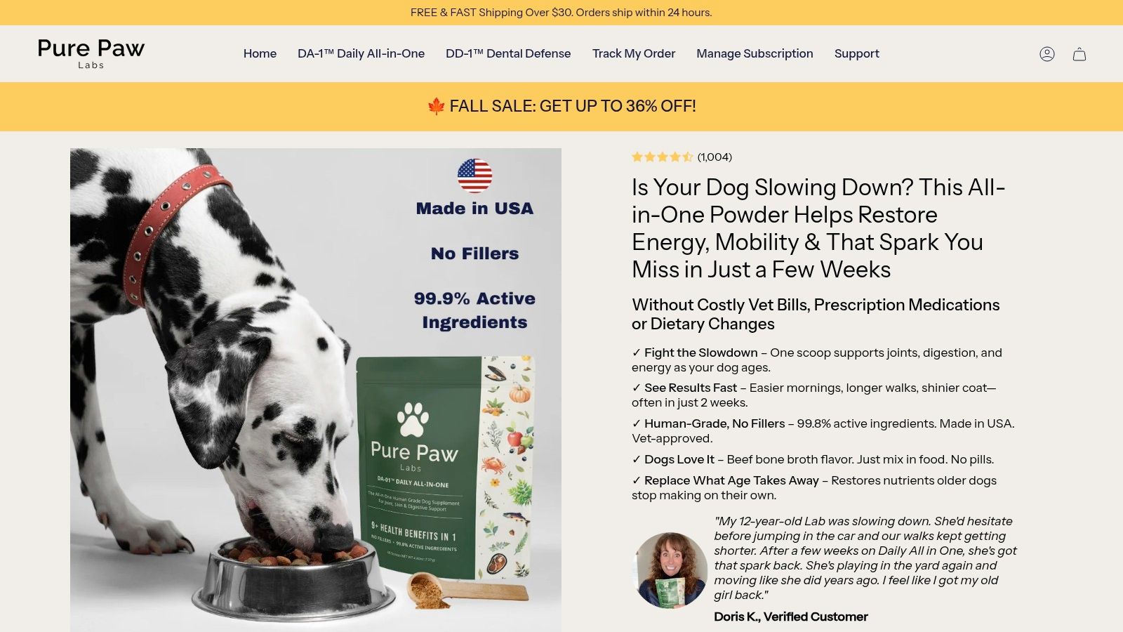 Screenshot from https://purepawlabs.com/products/da-1-daily-all-in-one-senior-dog-support-joints-skin-coat-more