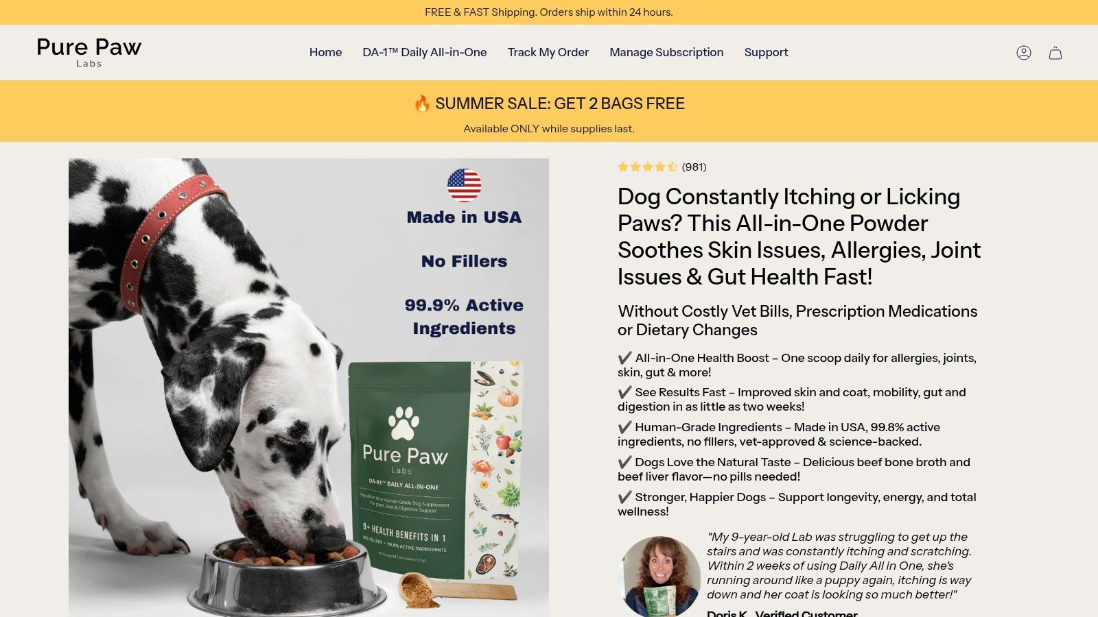 Screenshot from https://purepawlabs.com/products/da-1-daily-all-in-one-complete-care-skin